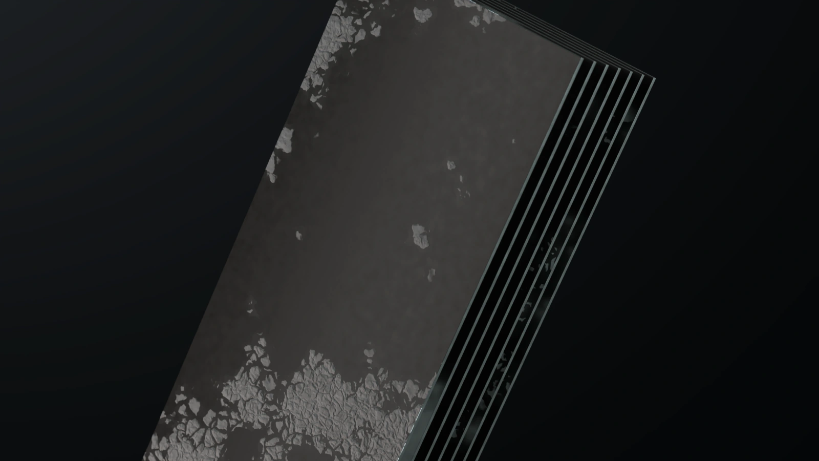 Render des Pakets aus sieben Platten mit hellen Kalkablagerungen auf der dunklen Beschichtung, am stärksten entlang der Unterkante der vorderen Platte.