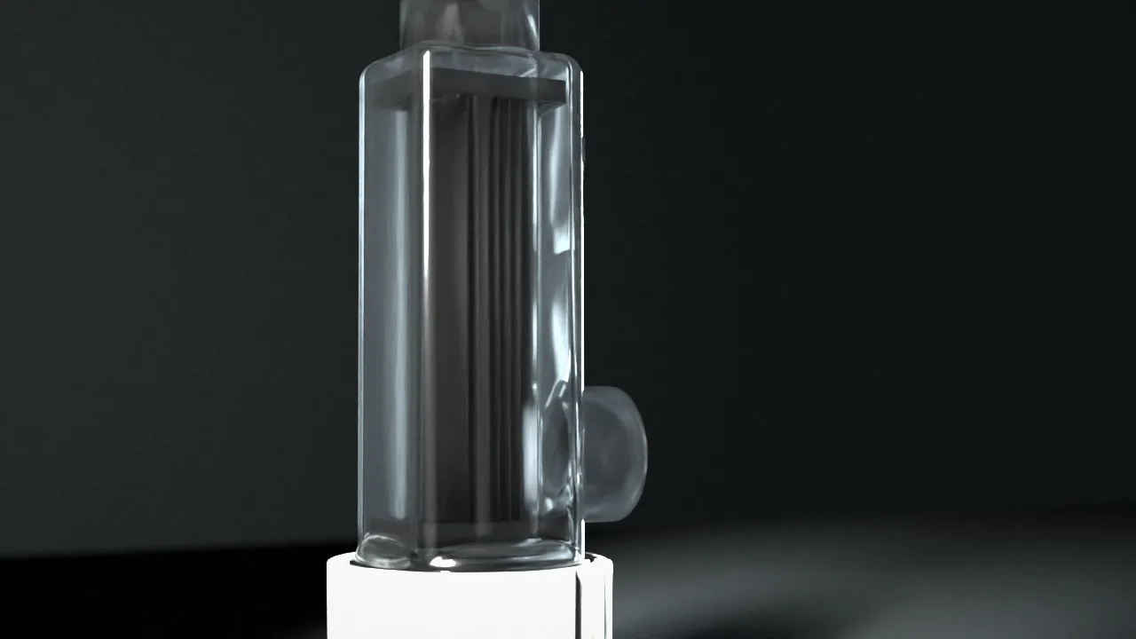 Render en plano medio, con la cámara más cerca y las placas de titanio distinguiéndose una a una a través de la pared de la carcasa.