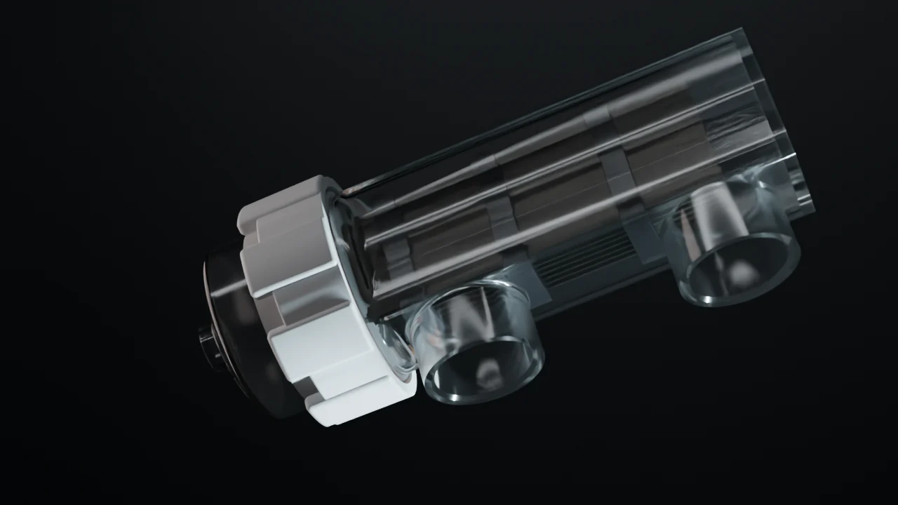 Wide render of the assembled salt chlorinator cell: clear moulded housing, white union nut, two ports, the plate stack standing inside.