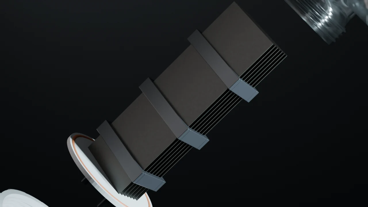 Render part-way through the explode: housing and end caps have lifted clear and the seven-plate stack stands on its own.