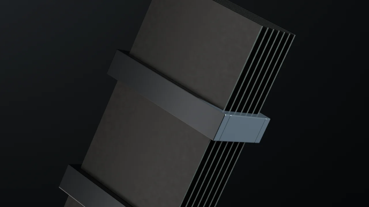 Tight render on the coated face of the plate stack, the seven plate edges catching the light along one side.