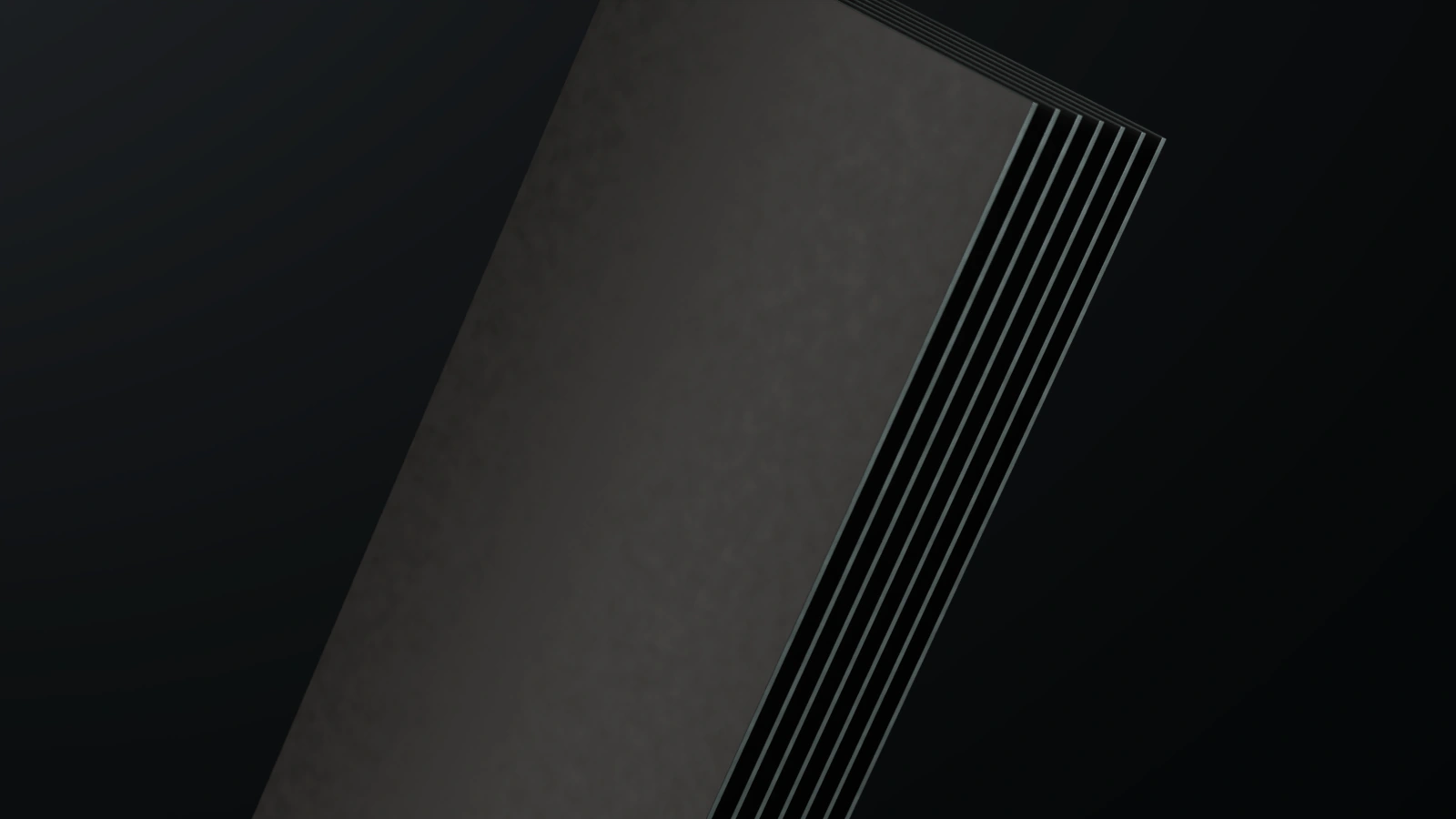 Render of the same seven plates once the ruthenium–iridium mixed metal oxide coating has been applied — a near-black satin surface.