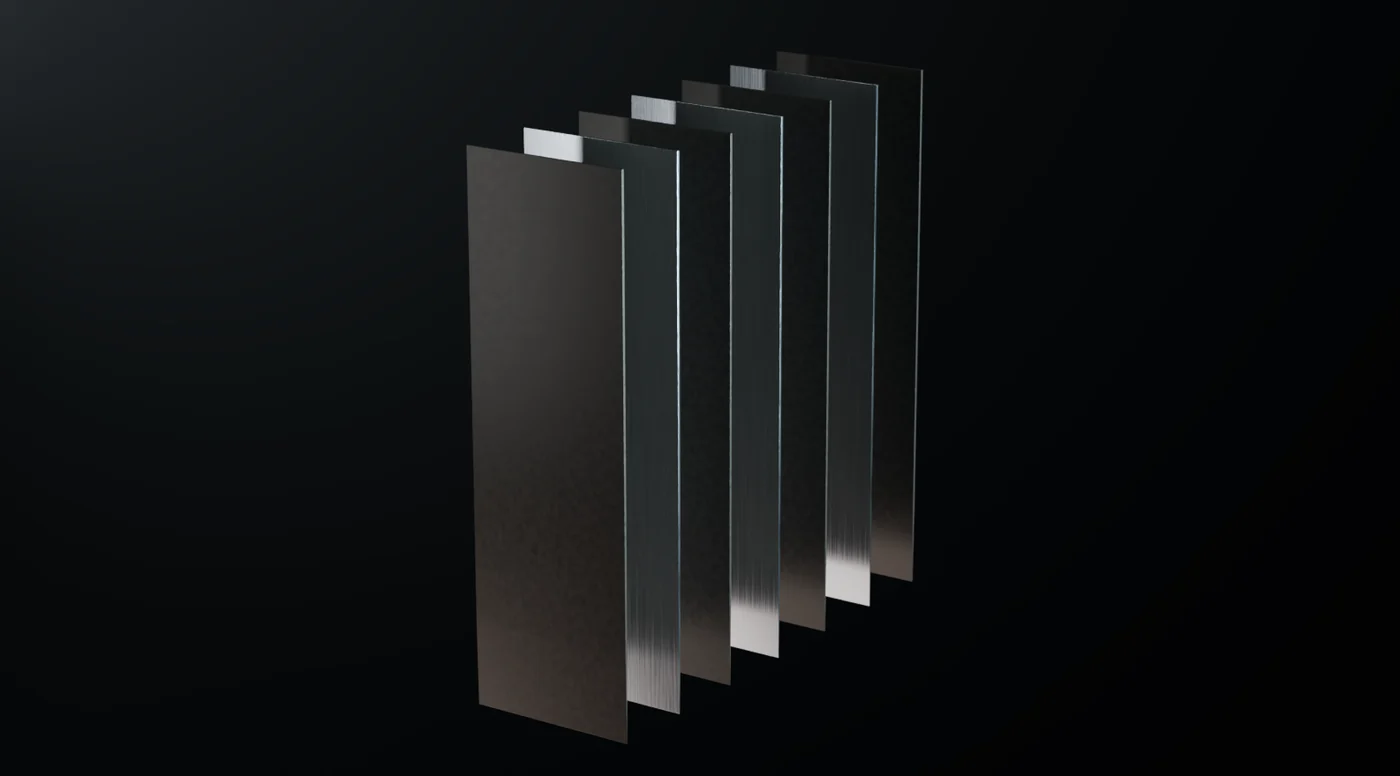 AC plate pack — dark coated anodes alternating with bright bare titanium cathodes